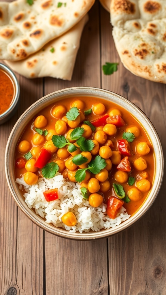 Simple 5-Ingredient Chickpea Curry Recipe A bowl of chickpea curry with coconut milk and tomatoes, garnished with cilantro, served with rice and naan.
